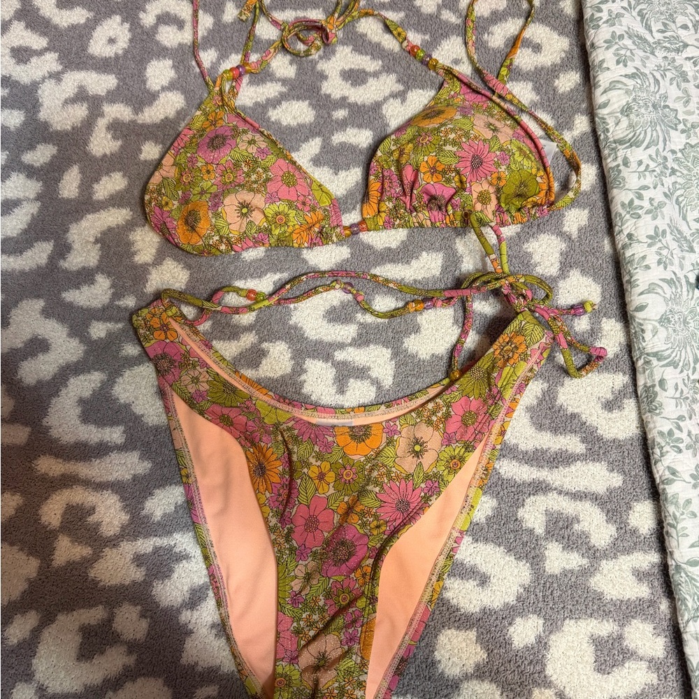 Floral Bikini Set with Pink and Green Accents